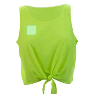A bright lime green women's T-shirt with a tied front design and a logo placement area.