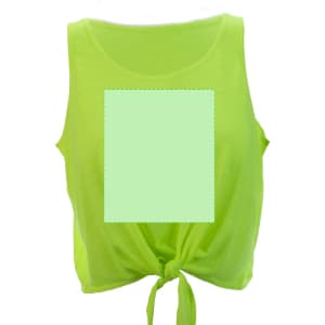 A bright lime green women's T-shirt with a knotted front design and a blank square area for printing.