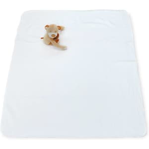 A soft, white blanket placed flat with a cute plush toy positioned on top. The blanket has a smooth texture.