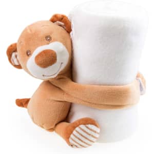 A plush blanket with a cuddly bear design, featuring a white and brown colour scheme, holding a rolled blanket.