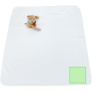 A soft white blanket with a plush toy placed in the centre, featuring a light green corner.