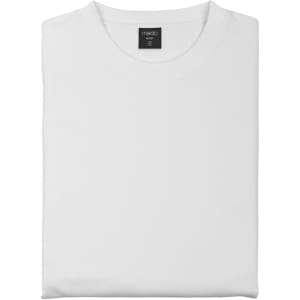 A white adult technical sweatshirt with a round neckline and a label on the inside.