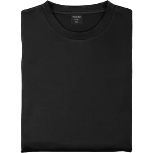 A black adult technical sweatshirt neatly folded, featuring a rounded neckline and a subtle logo.