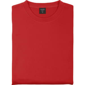 A red adult technical sweatshirt folded neatly, featuring a round neckline and a label inside.