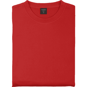 A red adult technical sweatshirt featuring a crew neck and a logo on the label.