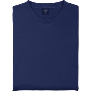 A navy blue adult technical sweatshirt neatly folded, featuring a round neckline and a logo.