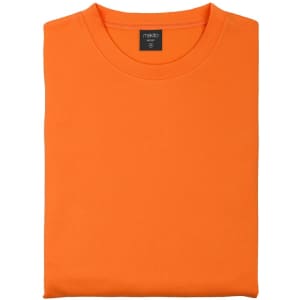 An orange adult technical sweatshirt, folded neatly, with a label visible inside. Features a branding logo.