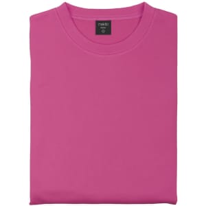 A pink adult technical sweatshirt, neatly folded, featuring a tag with branding.
