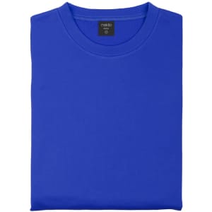A folded blue technical sweatshirt featuring a round neckline and a logo.