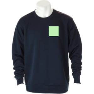 A navy sweatshirt featuring a green square patch, displayed on a mannequin. It includes a logo on the front.