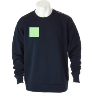 A navy adult sweatshirt featuring a green square design and long sleeves, displayed on a mannequin.