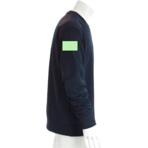 A navy blue adult technical sweatshirt featuring a logo on the sleeve.