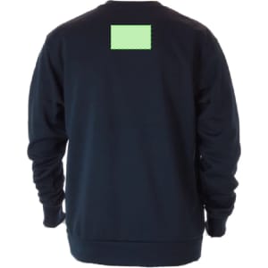 A navy technical sweatshirt featuring a simple design and a logo or branding on the back.