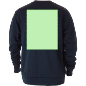 A navy adult technical sweatshirt featuring a blank green patch on the back.
