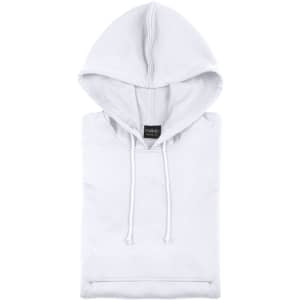 A white adult technical sweatshirt with a hood, featuring a branding label.