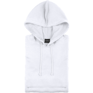 A light grey hoodie with a front pocket and drawstring hood, featuring a logo on the label.