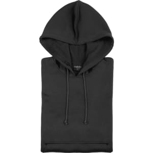 A black adult technical sweatshirt with a hood, featuring a front kangaroo pocket and a drawstring.