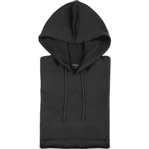 A black adult technical sweatshirt with a hood, featuring a logo and a simple design.