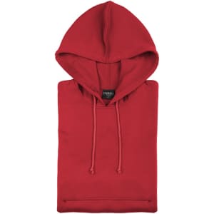 A red hooded sweatshirt folded neatly, featuring a drawstring hood and a branded label inside.