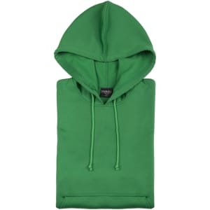A green adult technical sweatshirt with a hood and drawstrings, featuring a logo on the label.