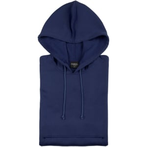 A navy blue technical sweatshirt with a hood, featuring a drawstring and a label inside.