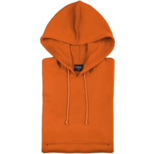 An orange adult technical sweatshirt with a hood, neatly folded and featuring a logo.