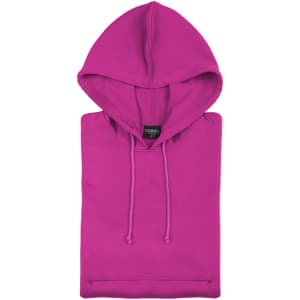 A vibrant pink adult sweatshirt with a hood, featuring a drawstring and a label, folded neatly.