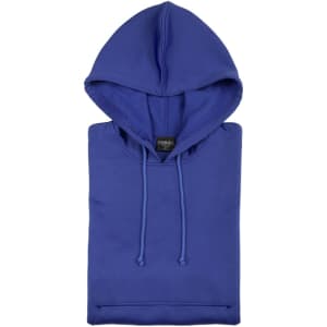 A blue adult technical sweatshirt with a hood and drawstrings, featuring a logo on the label.