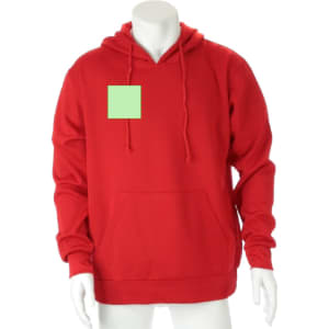 A red adult technical sweatshirt with a front pocket and a logo on the chest area.