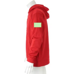 A red adult technical sweatshirt featuring a hood and a placeholder on the left sleeve, displayed on a mannequin.
