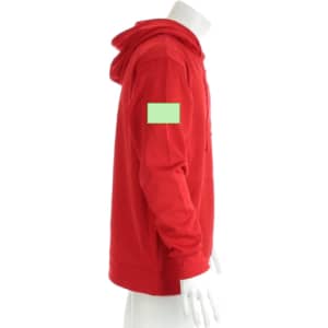 A red adult technical sweatshirt with a hood and a green patch on the sleeve.