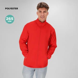 A red technical jacket made of polyester, featuring a zip front and a high collar, with a person wearing it.
