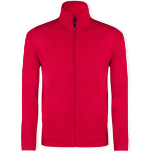 A vibrant red technical jacket featuring a full zip and a high collar. The jacket includes a logo.
