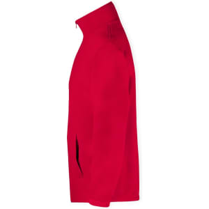 A red technical jacket with a high collar and side pockets, featuring a logo on the design.