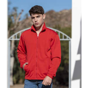 A red Klusten Technical Jacket featuring a zip-up front and side pockets, modelled outdoors with a blurred background.
