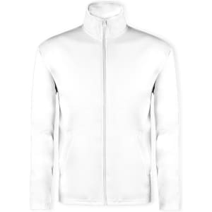 A white technical jacket with a full zip and side pockets. It features a logo on the chest area.