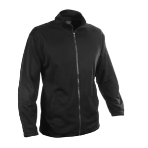A black technical jacket featuring a zip front and long sleeves, with a collar and a logo visible.