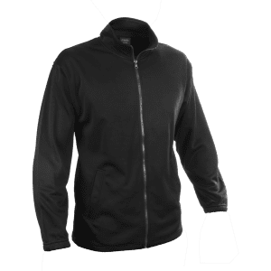 A black Klusten Technical Jacket with a zip front, long sleeves, and a high collar. It features a logo.