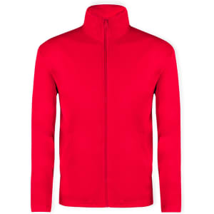 A red technical jacket with a full zip and a high collar. It features a logo on the front.