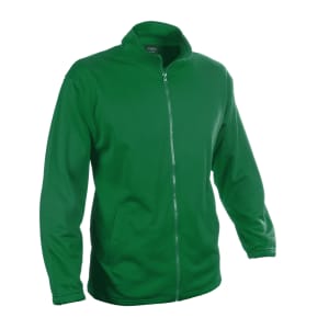 A green Klusten Technical Jacket with a zip front and long sleeves, featuring a collar and a logo.