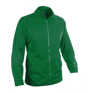 A green technical jacket with a high collar and a zip front, featuring side pockets. It includes a visible logo.