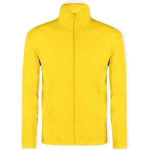 A bright yellow technical jacket featuring a full zip and a standing collar. It has a logo on the chest area.