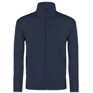 A navy technical jacket with a full zip and a high collar. Features a logo on the chest area.