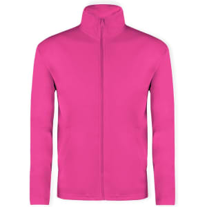 A bright pink technical jacket with a full zipper and standing collar, featuring two side pockets.