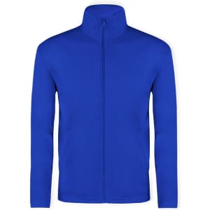 A blue technical jacket with a full zip and side pockets, featuring a collar and a logo.