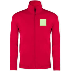 A red technical jacket with a high collar and a blank square area on the left chest. It features a zipper closure.