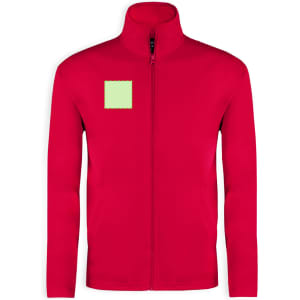 A red technical jacket with a mock collar and a square area for branding or design, featuring a zip front.