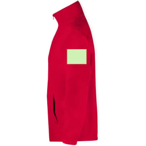 A red technical jacket with a high collar and a square patch on the sleeve. It has side zip pockets.