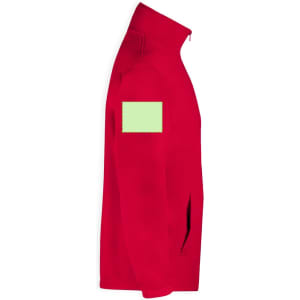 A red technical jacket featuring a zippered front and a patch area on the sleeve.