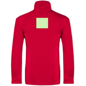 A red technical jacket with a high collar and a square patch on the back. Features a logo.